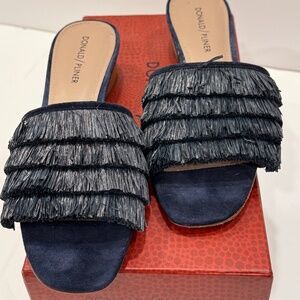 Donald J Pliner Women's Reise Raffia Fringe Slide Sandal in Navy Blue, Size 7.5